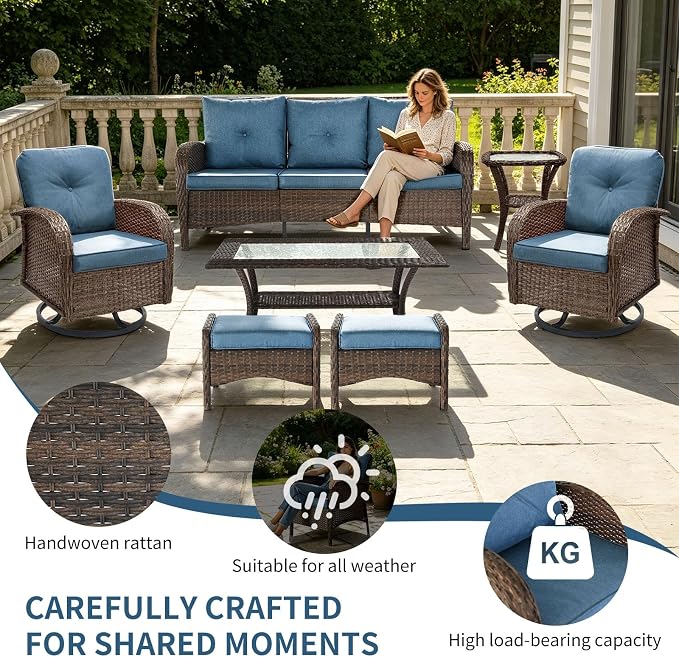 Outdoor Swivel Rocker Patio Chairs (Brown Wicker/Blue Cushion, 7PC/Sofa & Swivel &2 Table & Ottomans)