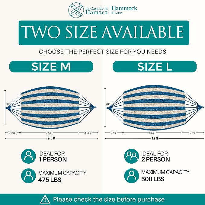 Hammock for 1-2 Person, 475 lbs Capacity – Handwoven Mexican Hammock, 100% Soft Cotton – 9.8 ft Mayan Hammock for Patio, Backyard, Indoor & Camping – Medium, Light Blue