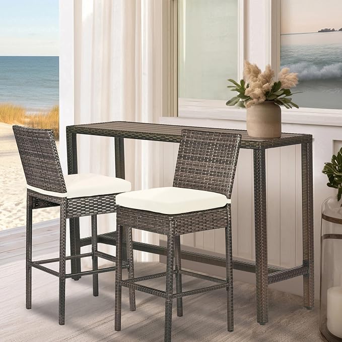Outdoor Bar Table Patio Bar Height 55" Long Outdoor Console Table Hot Tub Tall Wicker High Top Pub Serving Table Narrow Sofa Sideboard Table Brown