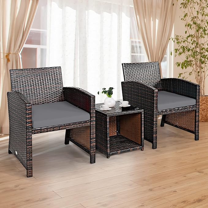 Tangkula 3-Piece Outdoor PE Rattan Furniture Set, Patio Conversation Set w/Chair & Storage Coffee Table, Detachable Cushion, Stable X-Shaped Frame, Perfect for Garden, Backyard, Poolside (Grey)