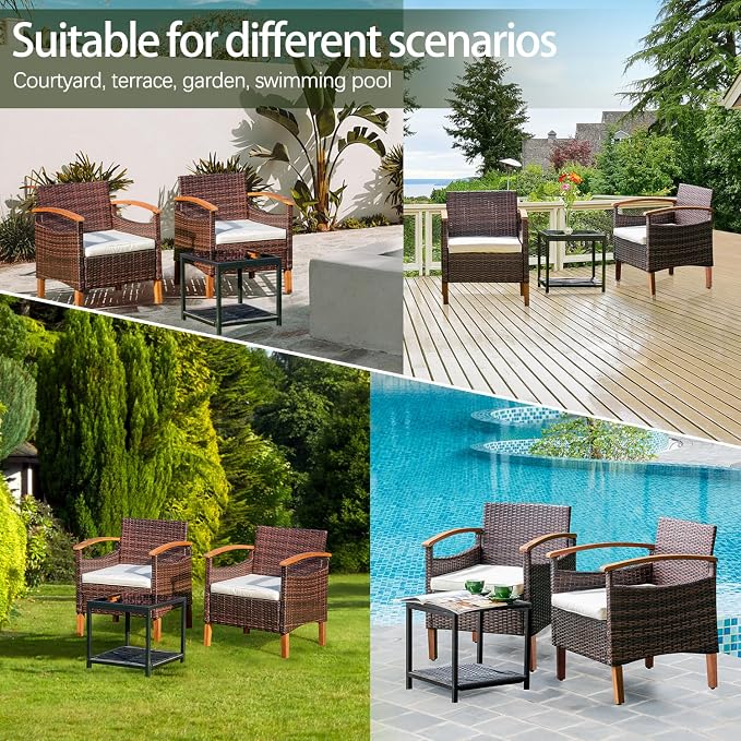 3 Pcs Outdoor Patio Furniture Sets, Outdoor Patio Rattan Chair with Side Coffee Table, Conversation Set Outdoor for Yard Garden Backyard Lawn (Brown)