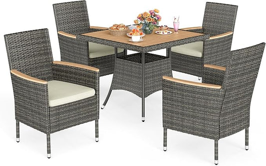 Wisteria Lane Patio Dining Sets for 4, All Weather Rattan Outdoor Table and Chairs with Acacia Wood Tabletop, Patio Dining Furniture with Removable Cushions for Deck Garden, Backyard, Gray