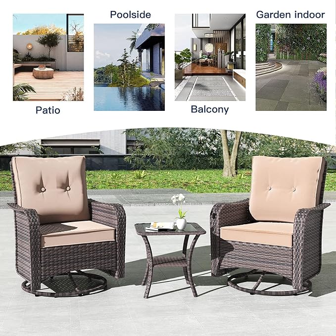 Kullavik 5 Pieces Outdoor Swivel Chairs Set,Patio Wicker Rocker Chairs with 4" Thick Cushions,Side Table and Ottomans,Patio Conversation Furniture Set for Patio Porch Deck Backyard,Sand