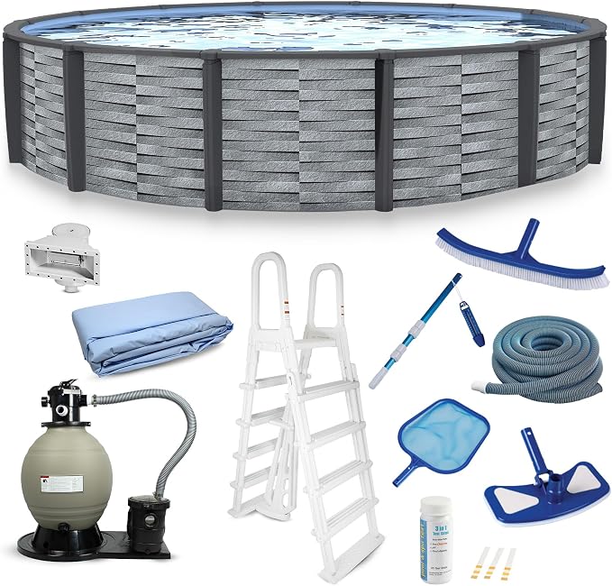 Blue Wave Affinity 24-ft Round 52-in Deep Hard Sided Above Ground Pool with Resin Top Seats & Verticals, 1.5 HP Dual-Speed Sand Filter System, Ladder, Liner, Skimmer & Maintenance Kit – 12,600 Gal Cap