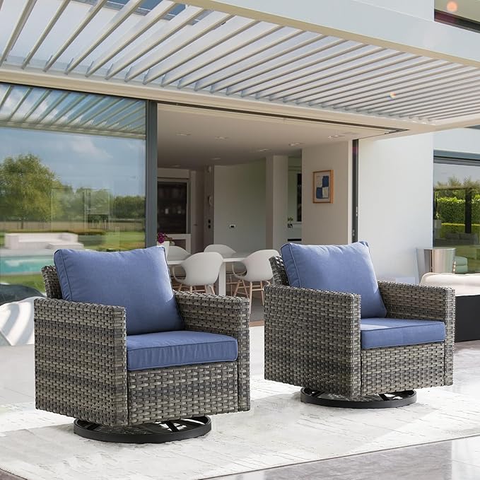 Outdoor Patio Swivel Rocker Chairs - Wicker Patio Swivel Rocking Chairs Set of 2 with Waterproof Wicker,Comfortable Cushions and Sturdy Metal Frame for Outside Porch Deck Backyard(Mixed Grey/Blue)
