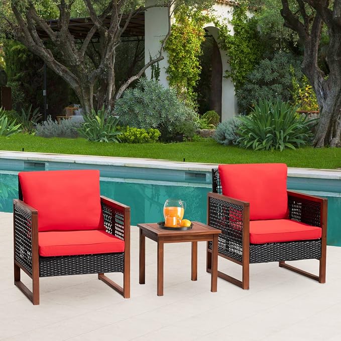 FDW Patio Bistro Set 3-Piece Acacia Wood Outdoor Chat Conversation Table Chair Set Outdoor Wood Chat Set with Water Resistant Cushions and Coffee Table for Beach Backyard Garden,Red Cushion