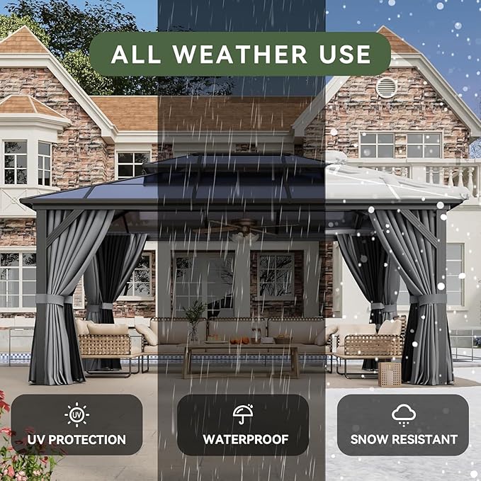 Aoxun 12'x16' Hardtop Gazebo, Aluminum Frame Permanent Pavilion with Curtains and Netting, Outdoor Polycarbonate Double Roof Canopy