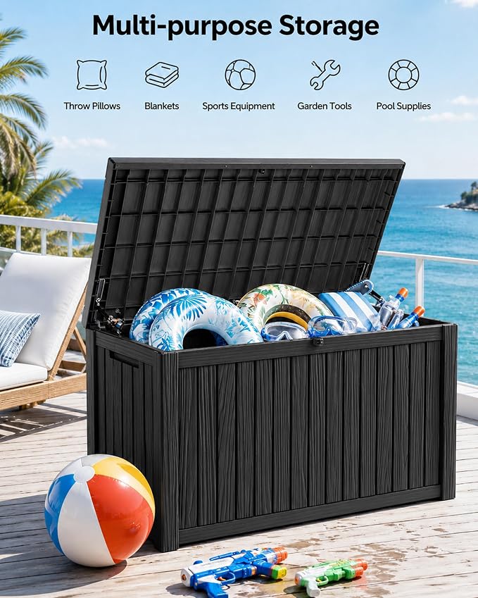 MAKINO 205 Gallon Large Waterproof Deck Box, Heavy Duty Resin Outdoor Storage Box, Outdoor Storage Bench with Hydraulic Rod for Patio Furniture/Cushions/Garden Tools/Backyard/Pool Accessories, Black