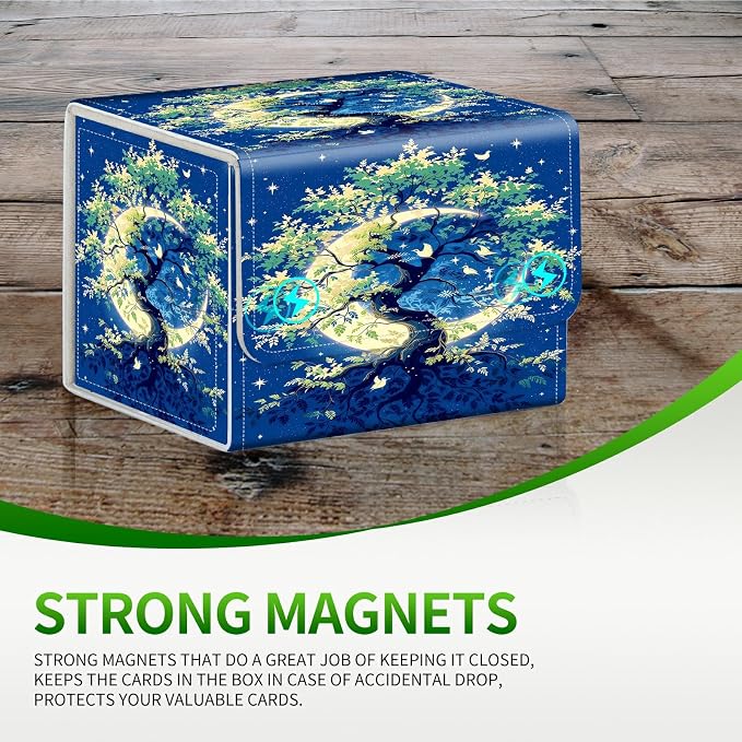 Card Deck Box for MTG, Cards Storage Box Fits 120+ Sleeved, Leather Small Size Strong Magnetic Closing Card Case for Board Games Magic TCG CCG Baseball Collection, Moon Green Tree