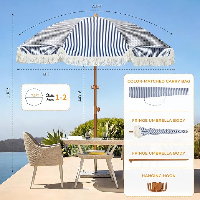 HOMEDEMO Boho Umbrella, Outdoor Umbrella with UPF50+ Sun Protection, Premium Aluminum Pole & Fiberglass Ribs, Includes Hanging Hook