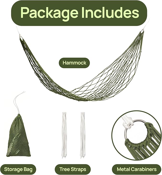 Gardenised Portable Rope Hammock with Hanging Cords & Carry Bag Lightweight Compact Outdoor Design for Camping Hiking Travel Beach Backyard Patio Balcony Garden & Napping, Olive Green Net Hammock