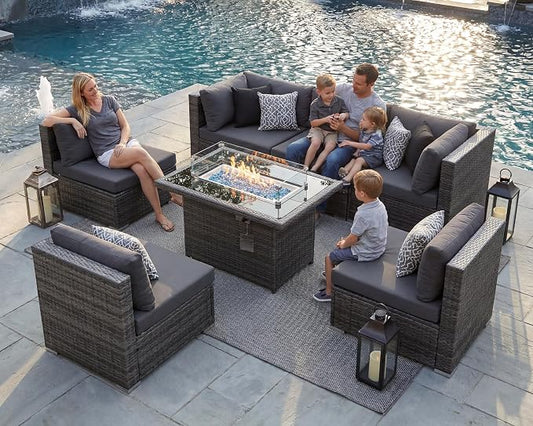 BULEXYARD 7 Piece High Back Outdoor Furniture Set with Fire Pit, Contemporary All Weather Wicker Patio Couch Sofa Set, Extra Large Modular 6-Seater Sectional Backyard Seating Wide Deep for Lawn, Grey