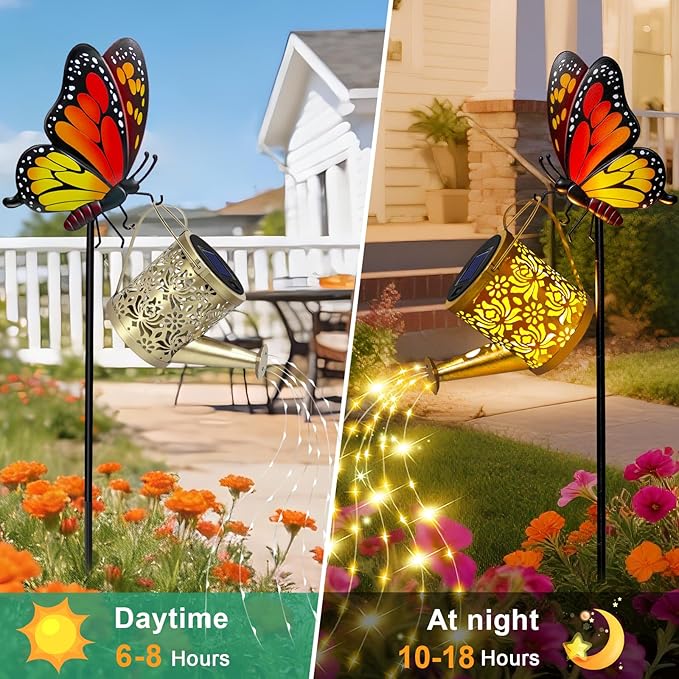 Solar Lights Outdoor Decorative, Watering Can with Cascading Lights on Butterfly Shepherd's Hook, Solar Garden Stake Decor for Yard Pathway,Gift for Women Mom (2pcs-Butterfly Garden Stakes)