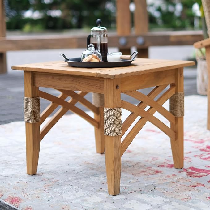 Cambridge Casual Solid Teak Wood Sierra Square Side Table with Shelf, Side Table with X Detail and Honey Twist Wicket, Perfect Pairing with Outdoor Chat Set, Conversation Set, or Patio Lounge Chair
