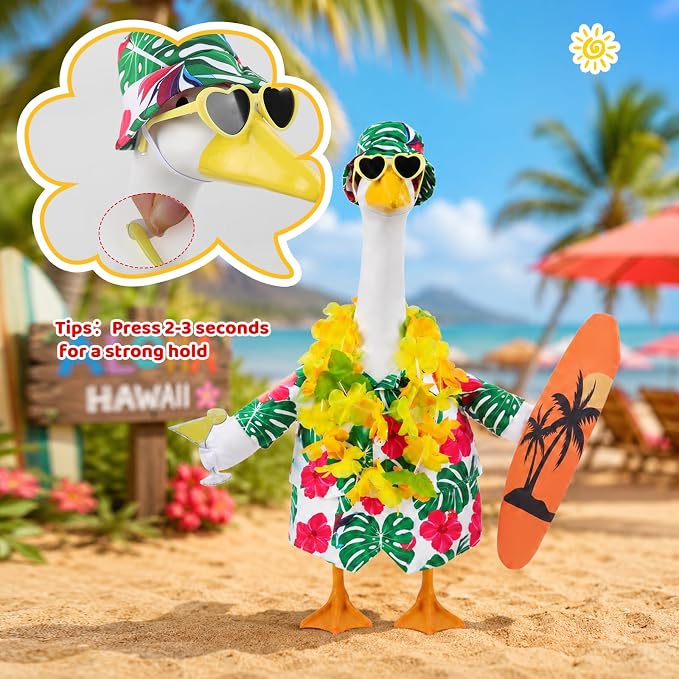 Porch Goose Hawaiian Outfit with Hat, Sunglasses & Lei, Summer Yard Decor | Fits 23 Inch Goose, Includes Tropical Shirt, Drink, Surfboard & Lei,Summer Goose Outfit for Pool Party, Lawn Garden Decor