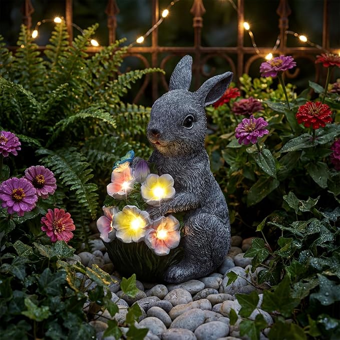 PETAFLOP Solar Garden Statues Outdoor Decor, Rabbit Figurines with Flowers for Patio Balcony Lawn Yard Decorations, Birthday Housewarming Gifts for Women Mom Grandma