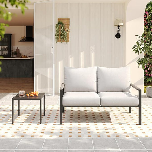 2 Pieces Rattan Outdoor Furniture Set, All-Weather Patio Loveseat with Warm Grey Cushions and Coffee Table for Garden, Backyard, Balcony, Poolside