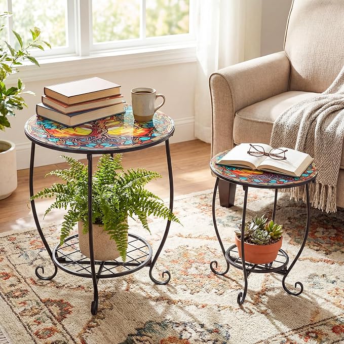 Cinnvoice 2 Pcs Outdoor Side Table Small Patio Round Mosaic Accent End Table Indoor Plant Metal Coffee Tea Tables for Patio Yard Porch Garden Living Room(12" and 16",Tree of Life)