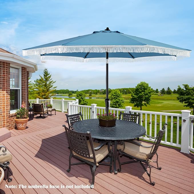 Tangkula 9Ft Patio Umbrella with Fringe, 2-Tier Outdoor Boho Umbrella with Tassels, Crank Handle, Push Button Tilt, Sun-Protective Canopy, 8 Ribs for Deck Backyard Poolside