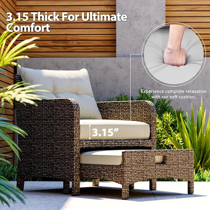 5 Piece Patio Furniture Set, All-Weather Patio Furniture with Soft Cushions, PE Wicker Patio Sofa Set with Coffee Table and Ottoman, for Outdoor, Porch, and Balcony (Light Grey-Grey)
