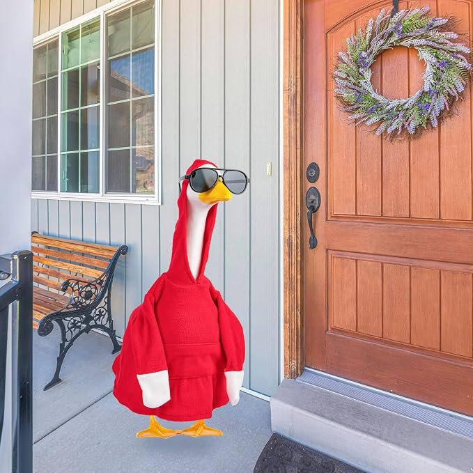 CAMDUCK Porch Goose Hoodie for 23 Inch Goose, Red Goose Outfit with Sunglasses, Funny Geese Clothes Costume, Decorative Lawn Geese Clothes for Yard Garden Patio Decor
