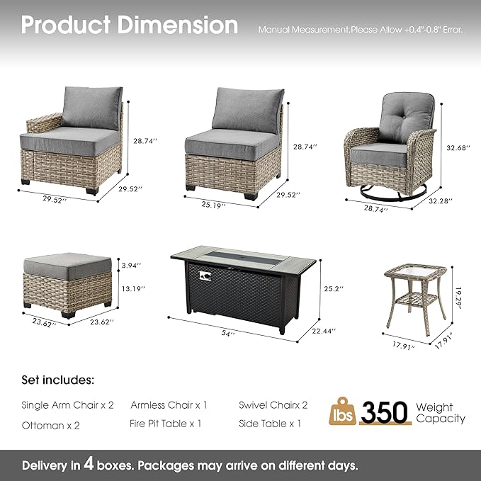 Rattan Patio Furniture Set with Fire Pit Table,9 Pieces Outdoor Sectional with Swivel Chairs Ottoman,Out Door Furniture Conversation Set,Dark Grey