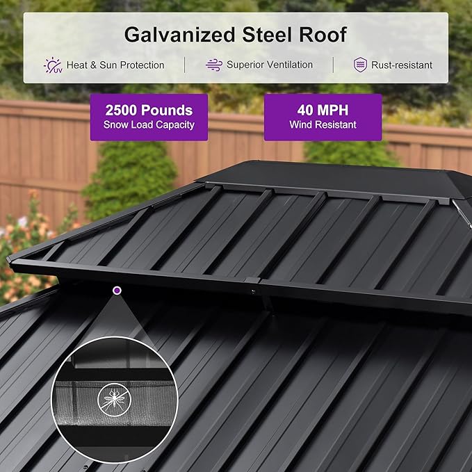 PURPLE LEAF 12' X 14' Outdoor Hardtop Gazebo for Patio Galvanized Steel Double Roof Permanent Canopy Teak Finish Coated Aluminum Frame Pavilion Gazebo with Netting and Lights