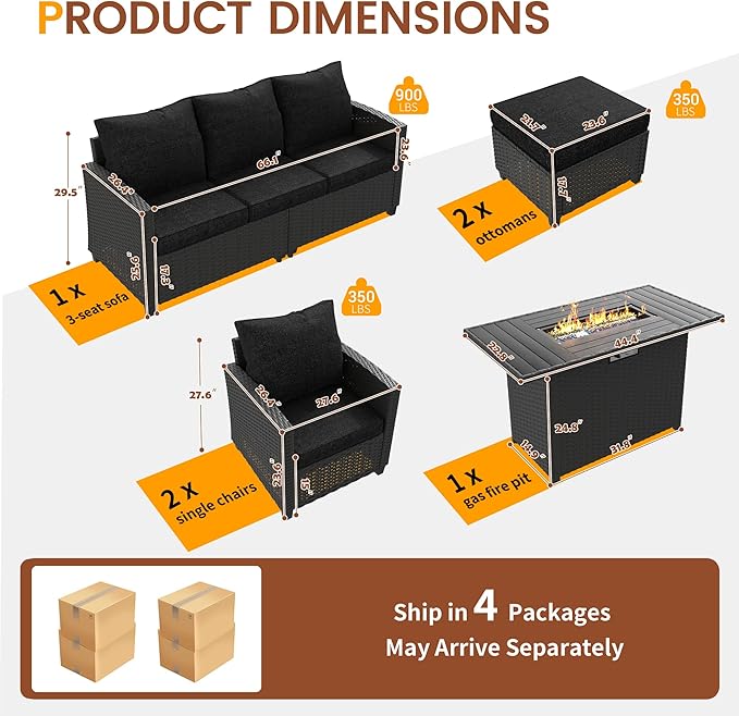 UDPATIO Outdoor Patio Furniture Set with 44" Fire Pit Table, 6 Pieces Sectional Conversation Sets, All-Weather Wicker Rattan Sofa Ottoman with 4" Thick Cushion for Garden Backyard Deck, Black