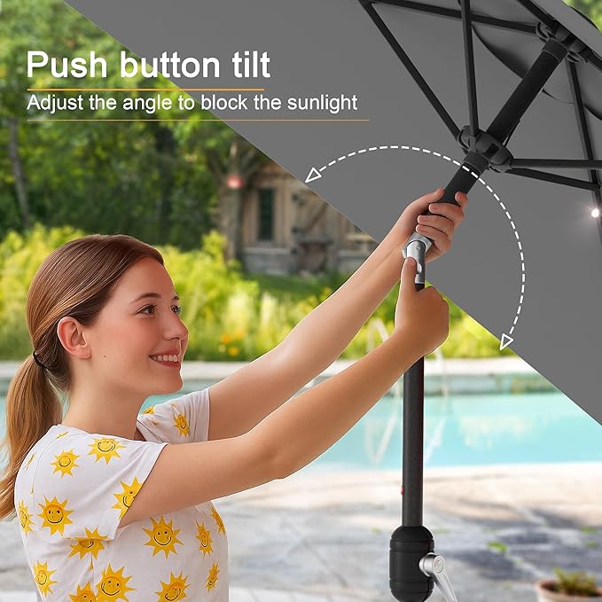 Square Patio Umbrella With Solar Lights, 6.5x6.5ft Square Umbrella Outdoor Patio with Tilt and Crank for Pool, Deck, Garden,Backyard