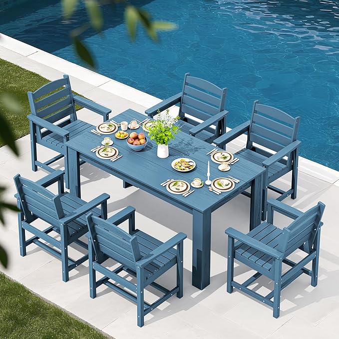 SERWALL Patio Dining Set for 6, Outdoor Dining Sets for 6 Person with 1 Umbrella Hole Cut-Out Rectangular Table and 6 Chairs, HDPE Dining Sets for Garden, Backyard, Poolside, Blue