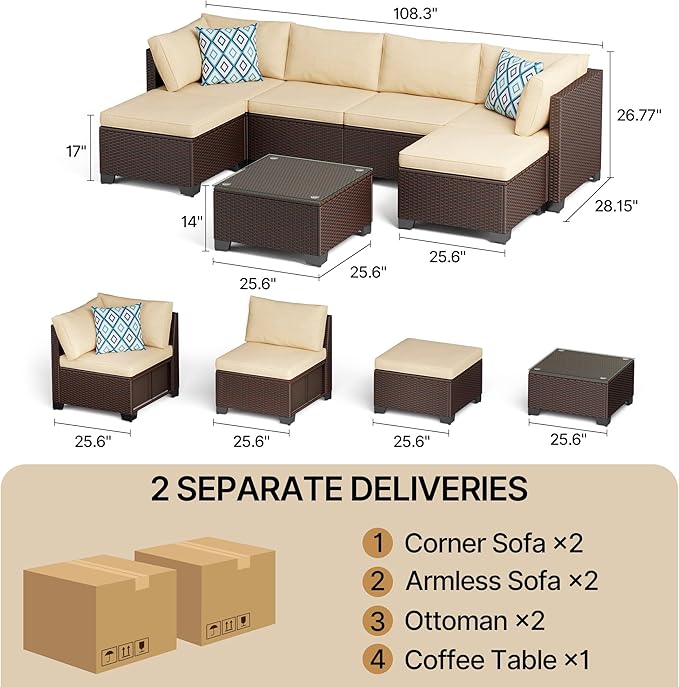Gizoon 7 Pieces Outdoor Patio Furniture Set, All-Weather PE Rattan Wicker Sectional Sofa Seating with Waterproof Cushions and Coffee Table, Outdoor Conversation Set for Garden, Backyard, Balcony
