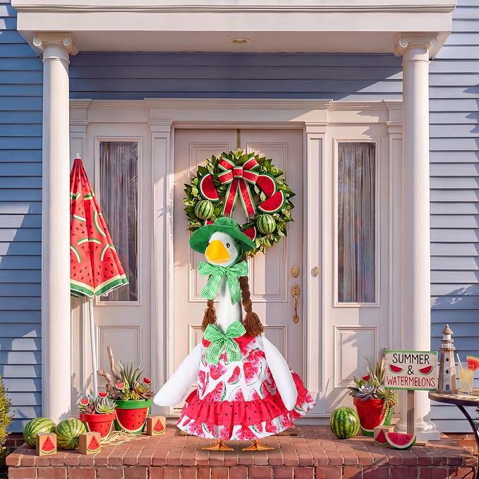 Abbylike Summer Watermelon Porch Goose Outfit Watermelon Costume Clothes for 23'' Goose for Garden Porch Statue Yard Pathway Decorations
