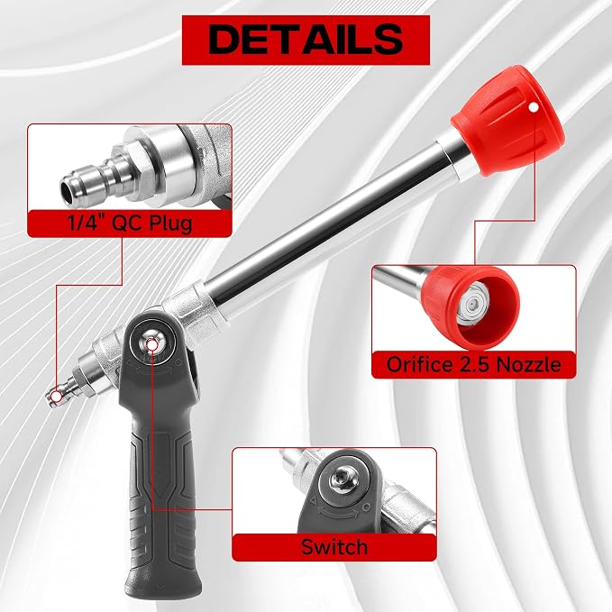 Adjustable Pressure Washer Long Range Nozzle - 2 Mode Shooter Tip with 12" Stainless Steel Lance, 1/4" Quick Connect, Power Washer High Reach Spray Nozzle