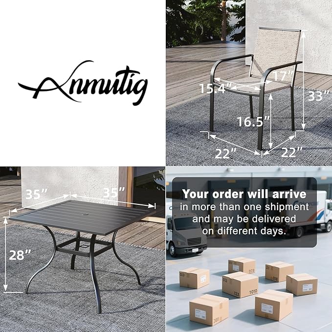 Anmutig Outdoor Square Table and 4 Chairs Set, 2.92 ft Patio Table with Umbrella Hole and Beige Chairs Small Furniture 5 Piece