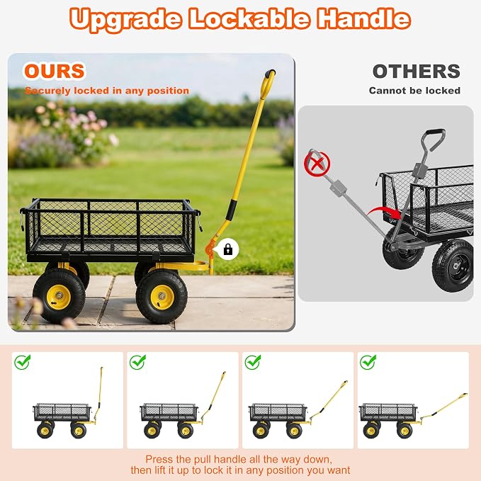 DIAMONDFORGE 900lbs Heavy Duty Garden Cart, Steel Garden Wagon Cart with Fixedable Rotating Handle for Backyard, Utility Yard Wagon with 10" All Terrain Tires, Mesh Removable Sides