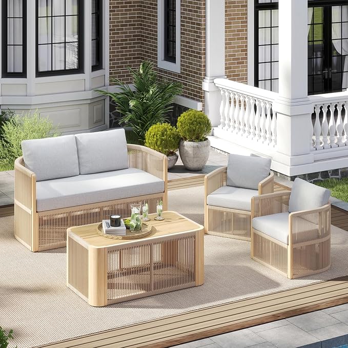 2-Seater Rope Sofa Set with Table, Patio Rope Chairs Set of 2, Rope Patio Furniture Set, Outdoor Deck Chair with Cushions, Aluminum Outdoor Loveseat in All Weather, Beige