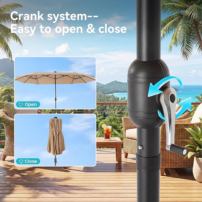 COSIEST 13FT Patio Umbrella with Solar Lights, Outdoor Double-Sided Table Umbrella,Large Rectangular Market Umbrella w Crank Handle for Garden, Pool, Deck Shade, Khaki