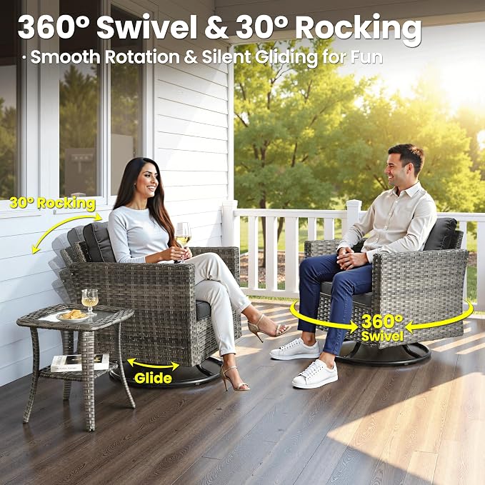 ovios 6 Pieces Patio Furniture Set with Rectangular Fire Pit Table, Swivel Rocking Chairs, Loveseat, Outdoor High Back Wicker Rattan Conversation Set for Deck Porch, Black