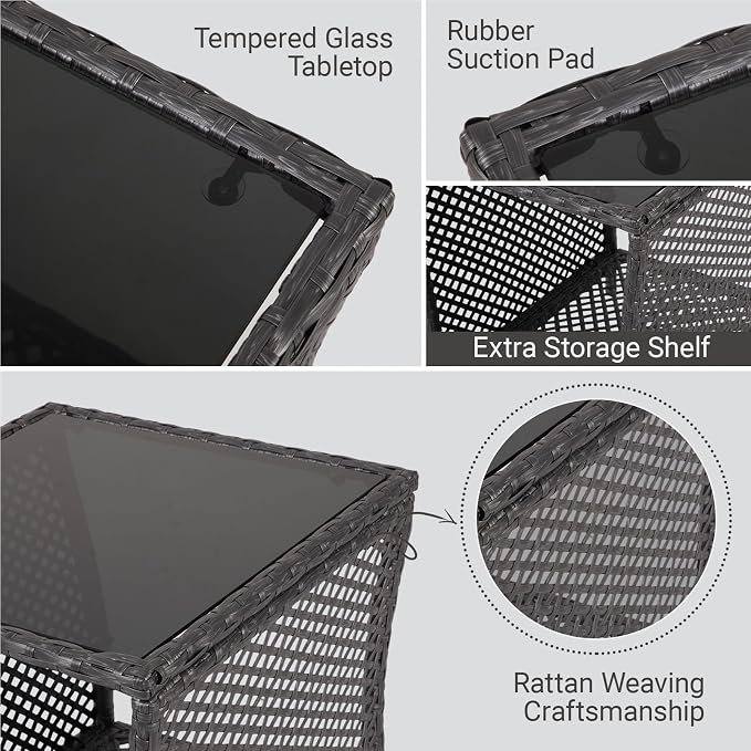 Kinfant Outdoor Wicker Side Table with Tempered Glass Top, 17.7" Square Patio End Table with Storage Shelf, Weather-Resistant Rattan Table for Balcony, Porch, Deck, Garden, Easy Assembly