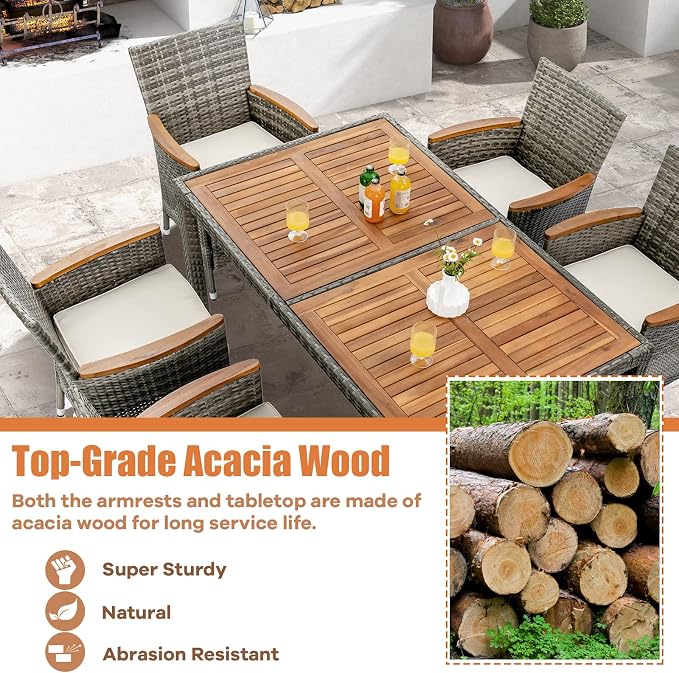 7 Pieces Patio Dining Set Outdoor Dining Set, Wicker Patio Furniture Set with Acacia Wood Table and Chairs, Garden Dining Table Set for Backyard, Desk, Poolside, (Grey)