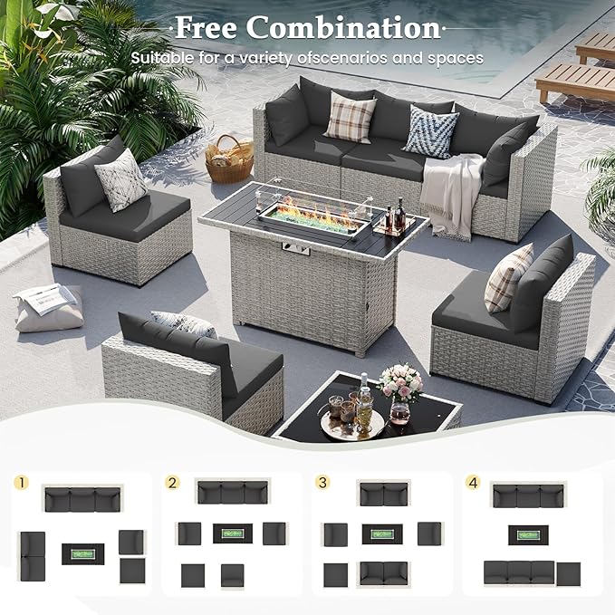 UDPATIO Patio Furniture Set with Fire Pit Table, 8 Pieces Outdoor Sectional Sofa, PE Wicker Patio Conversation Set for Garden, Backyard Black