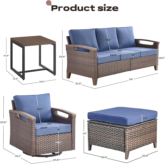 Rilyson Wicker Outdoor Patio Furniture Set - 6 Piece Patio Conversation Sets with Swivel Rocker Chairs, Sofa, Ottomans and Side Table, Thick Cushions, Waterproof Wicker, for Porch Deck Brown/Blue