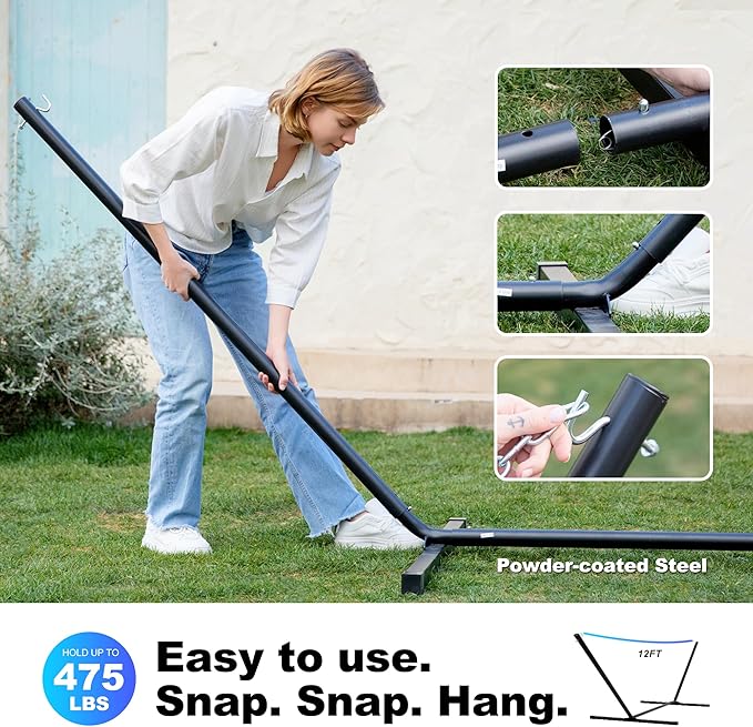 2 Person Hammock with Stand for Outside, 12ft Heavy Duty Steel Stand, Double Hammocks with Hardwood Spreader Bar, Large Removable Pillow, Side Pockets, Max 475 lbs Capacity (Ocean Blue)