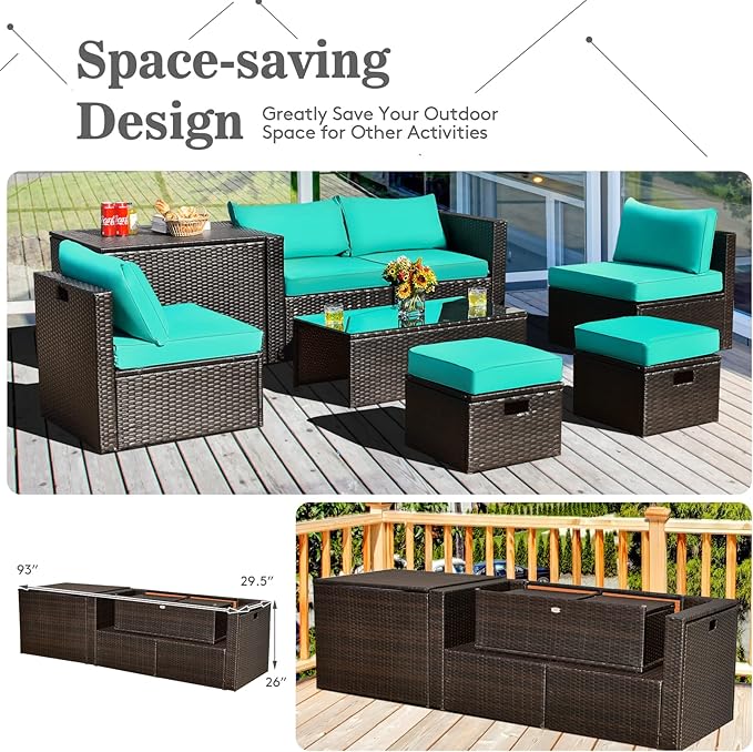 Tangkula 8 Piece Patio Furniture Set, Patiojoy Outdoor Space Saving PE Rattan Sectional Sofa Set for 6 with Waterproof Cover, for Garden, Deck, Poolside and Balcony (Turquoise)