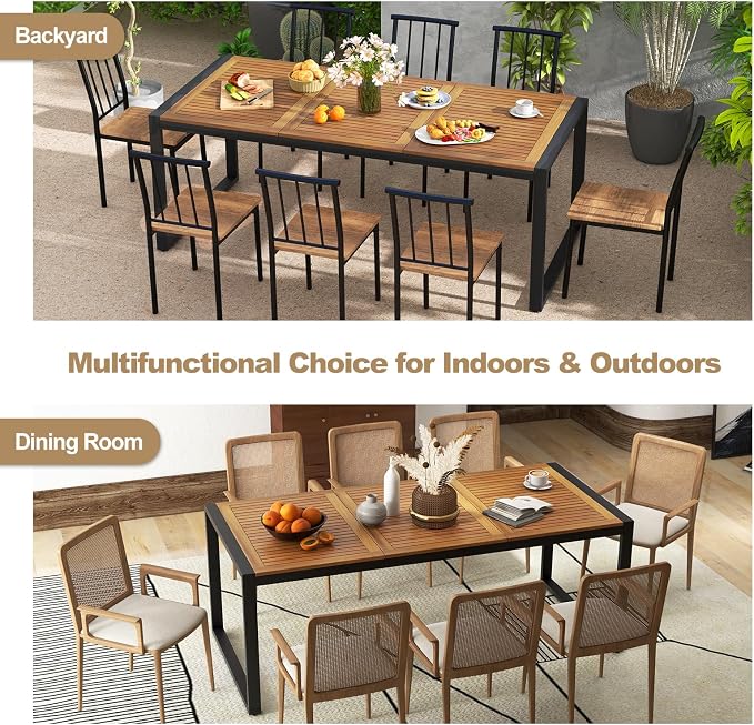 Tangkula 79 Inches Acacia Wood Outdoor Dining Table for 8, Large Rectangular Patio Table with 1.9" Umbrella Hole, Heavy Duty Metal Legs & Adjustable Foot Pads, Outside Table for Patio, Garden, Yard