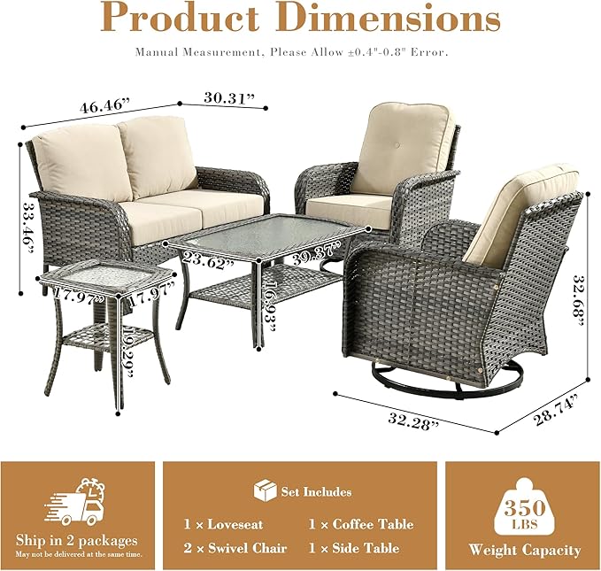 5 Pieces Patio Furniture Set, All Weather Rattan Patio Conversation Sets with Swivel Rocking Chairs, Coffee Table, High Back Outdoor Furniture Loveseat for Porch, Backyard,Beige