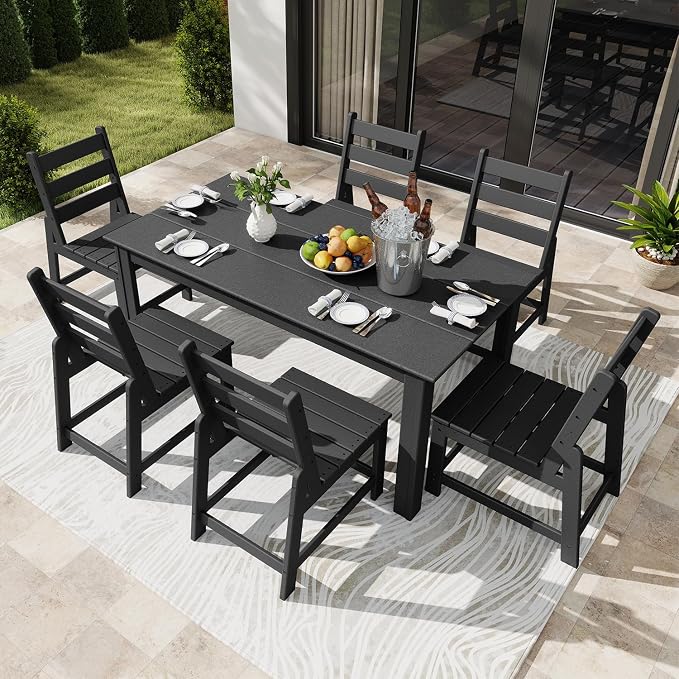 GREENVINES 7 Piece HDPE Outdoor Patio Dining Set, Table and 6 Chairs, Black