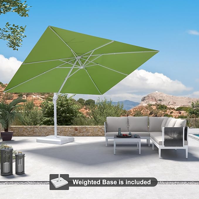PURPLE LEAF 9' × 11.5' Patio Umbrella With Base White Cantilever Umbrella Square Outdoor Offset Umbrella Windproof with 360° Rotation for Garden Deck Pool, Macaw Green