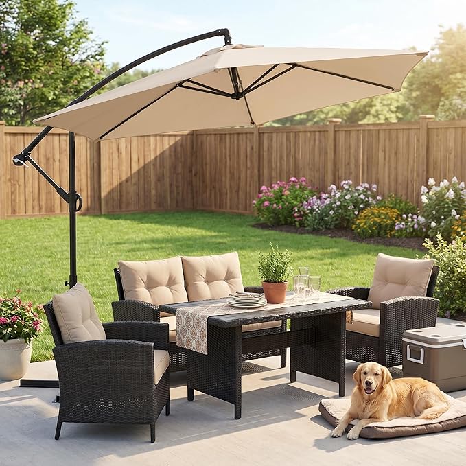 JAMFLY Large 9FT Offset Patio Umbrella with Cantilever Crank & Infinite Tilt, Heavy Duty Outdoor Hanging Umbrella with Cross Base for Backyard, Deck, Poolside