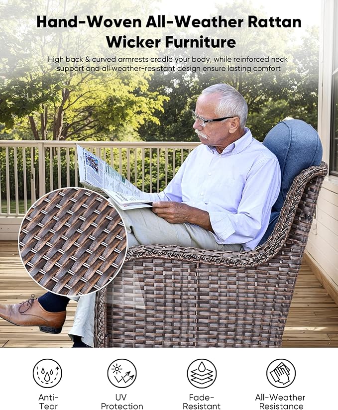 HUMMUH Wicker Patio Furniture Set with Patio Swivel Chairs Set of 4 and 50,000 BTU Fire Pit Table,6 Inch Thick Cushions High Back Outdoor Swivel Rocker Chairs Set for Porch, Balcony, Deck